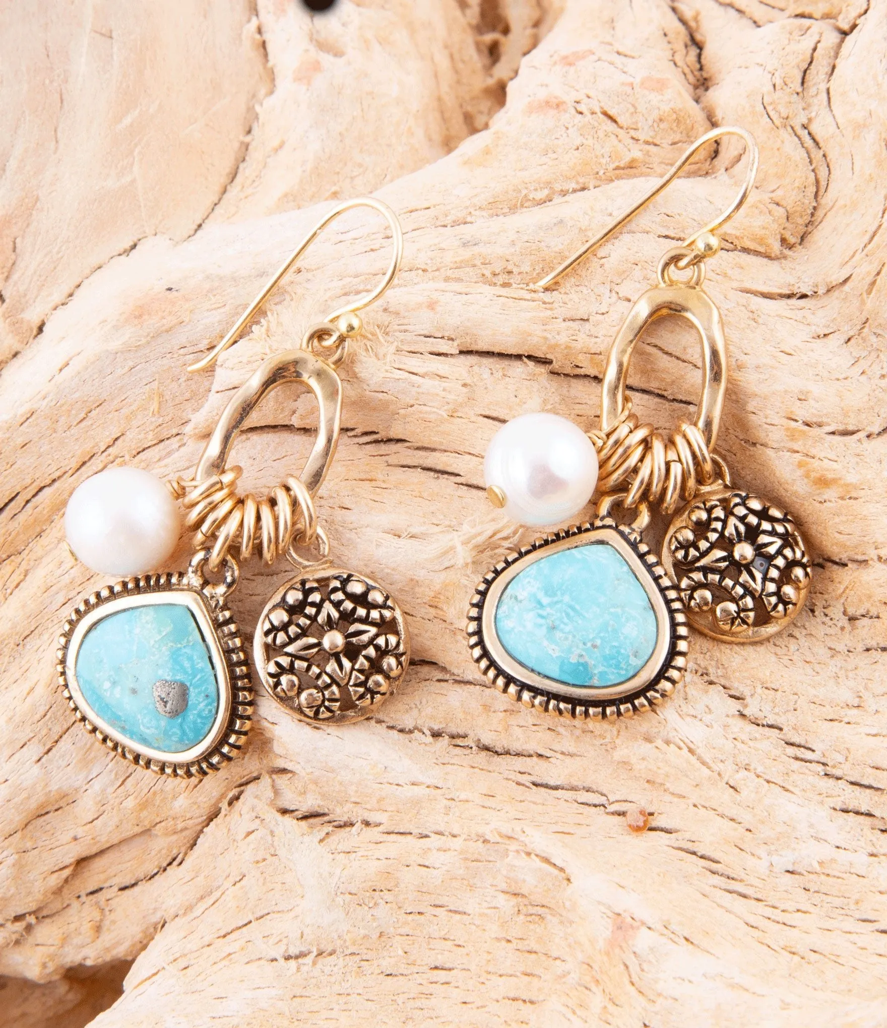 Blue Turquoise and White Pearl Multi Charm Golden Charm Earrings sold by Barse product image thumbnail 4