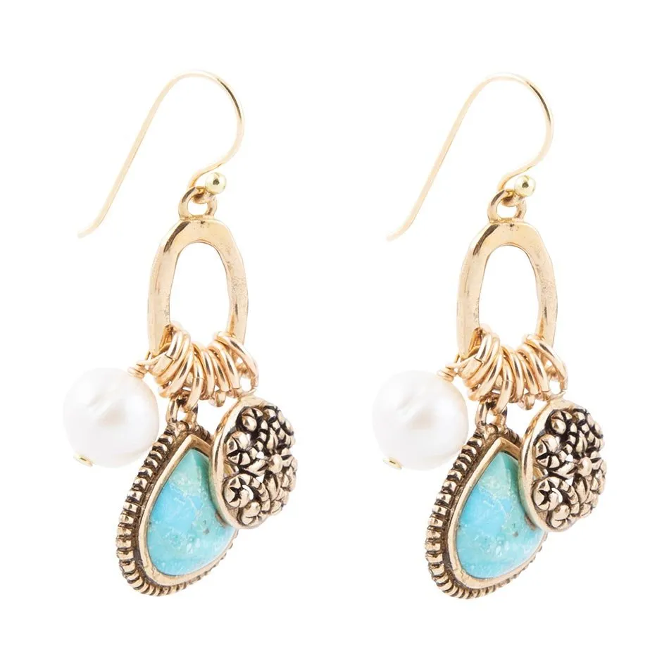 Blue Turquoise and White Pearl Multi Charm Golden Charm Earrings sold by Barse product image thumbnail 5