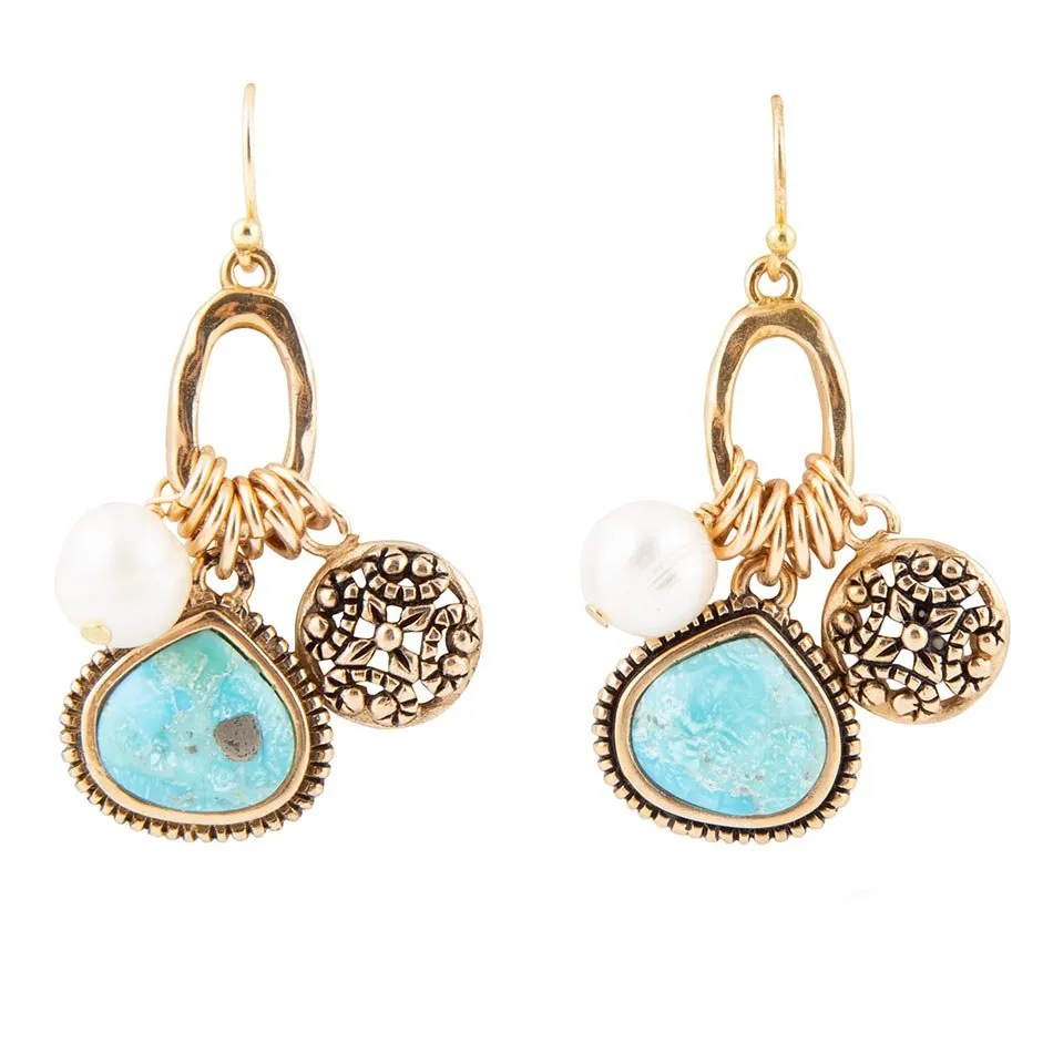 Blue Turquoise and White Pearl Multi Charm Golden Charm Earrings sold by Barse
