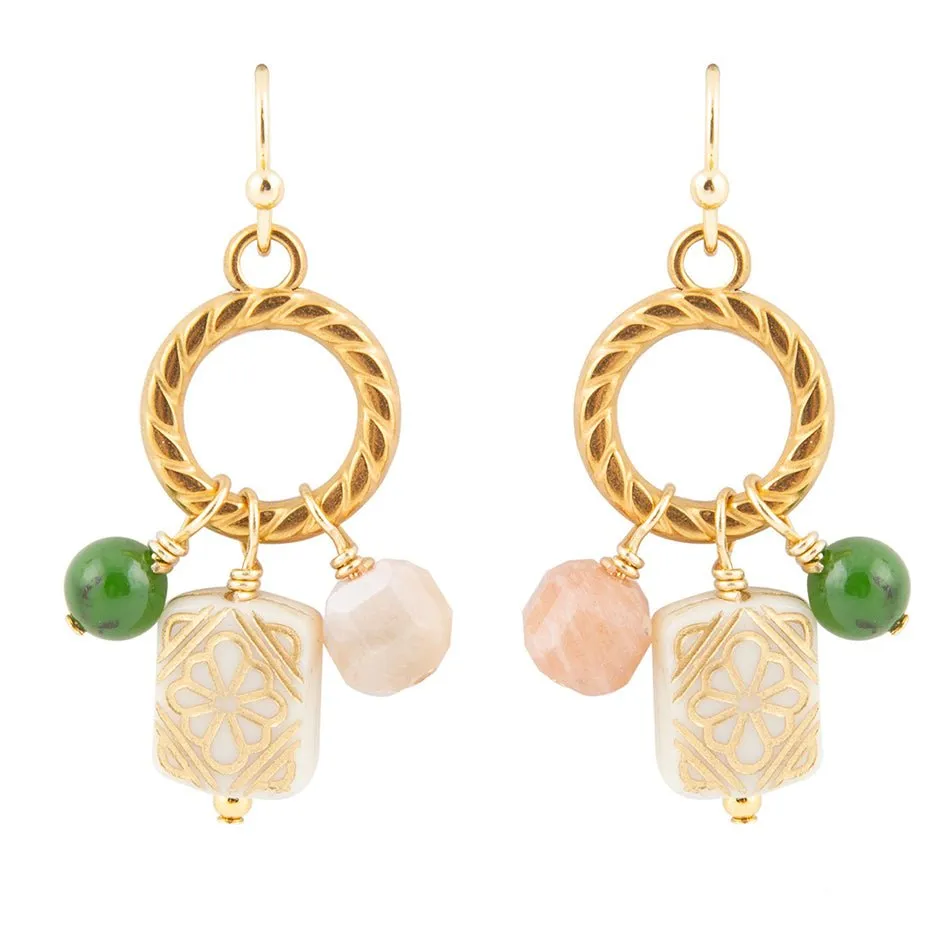 Green Jade and Pink Sunstone Golden Drop Earrings sold by Barse
