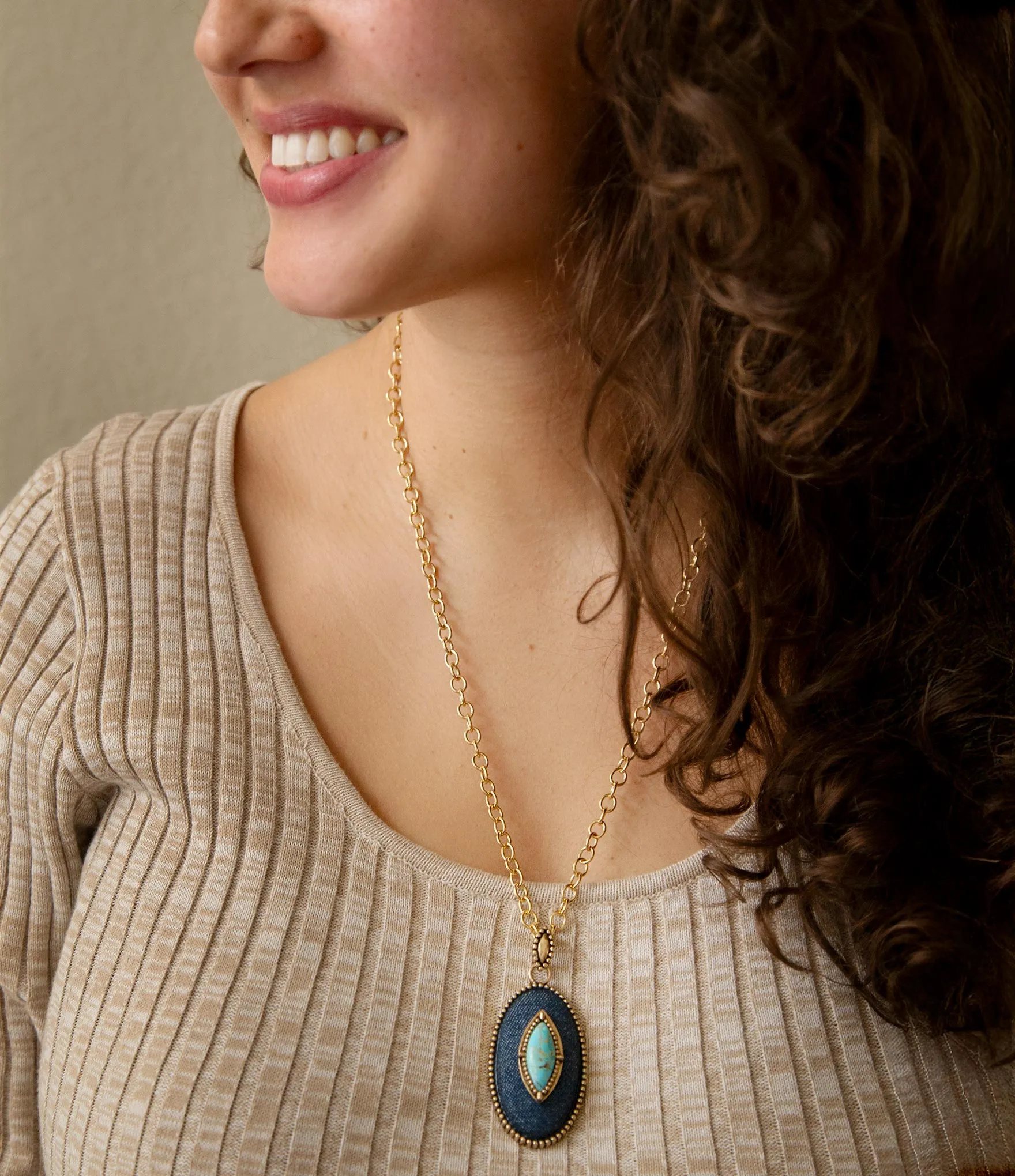 Stacked Blue Turquoise and Denim Golden Pendant Necklace sold by Barse product image thumbnail 5