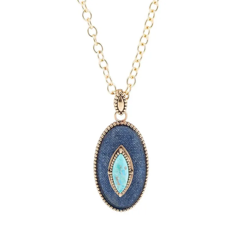 Stacked Blue Turquoise and Denim Golden Pendant Necklace sold by Barse