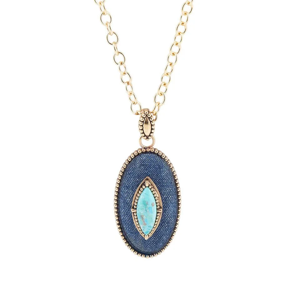 Stacked Blue Turquoise and Denim Golden Pendant Necklace sold by Barse