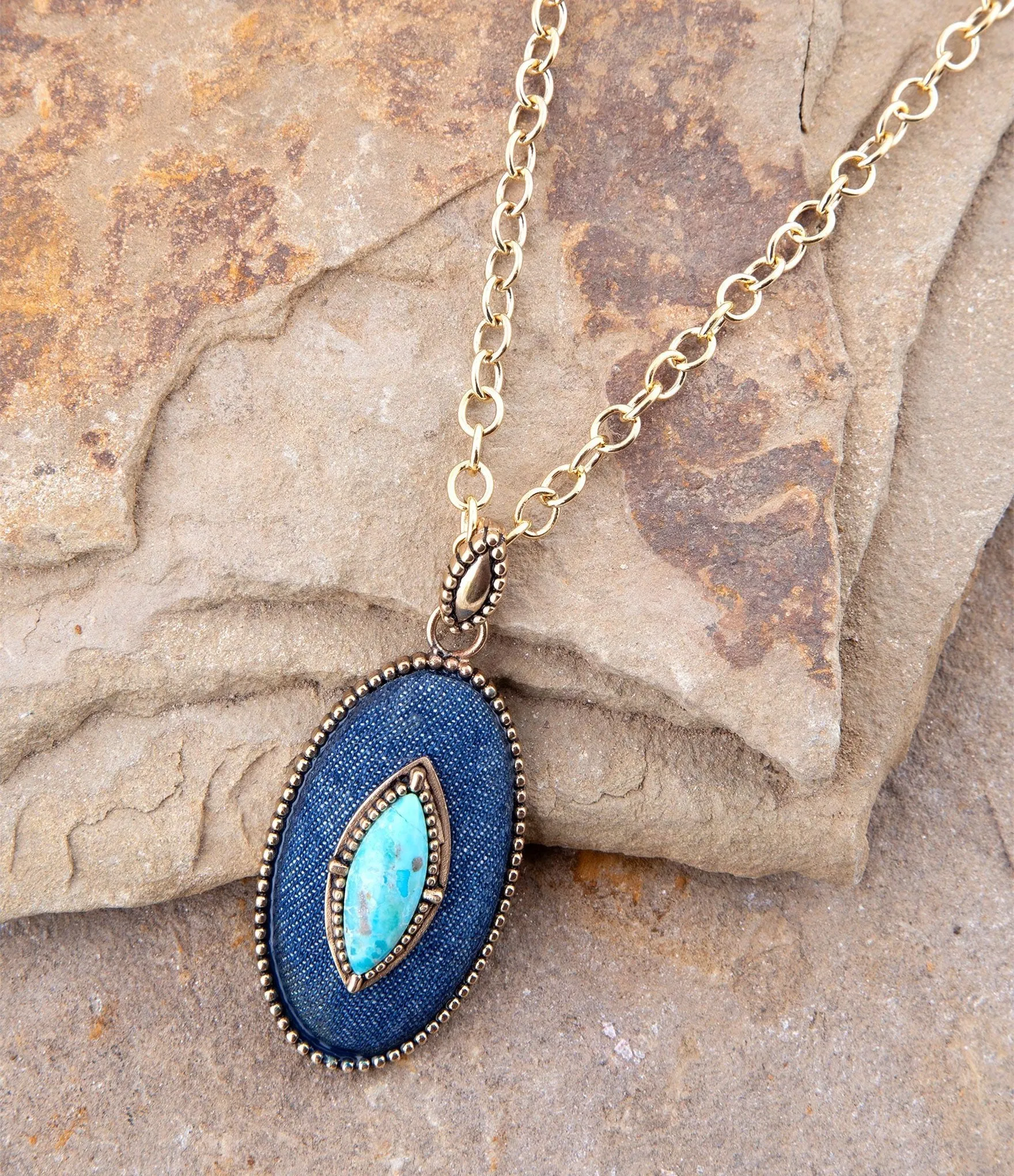 Stacked Blue Turquoise and Denim Golden Pendant Necklace sold by Barse product image thumbnail 3