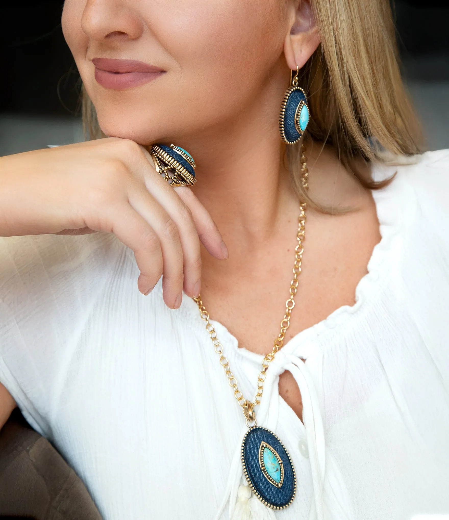 Stacked Blue Turquoise and Denim Golden Pendant Necklace sold by Barse product image thumbnail 2