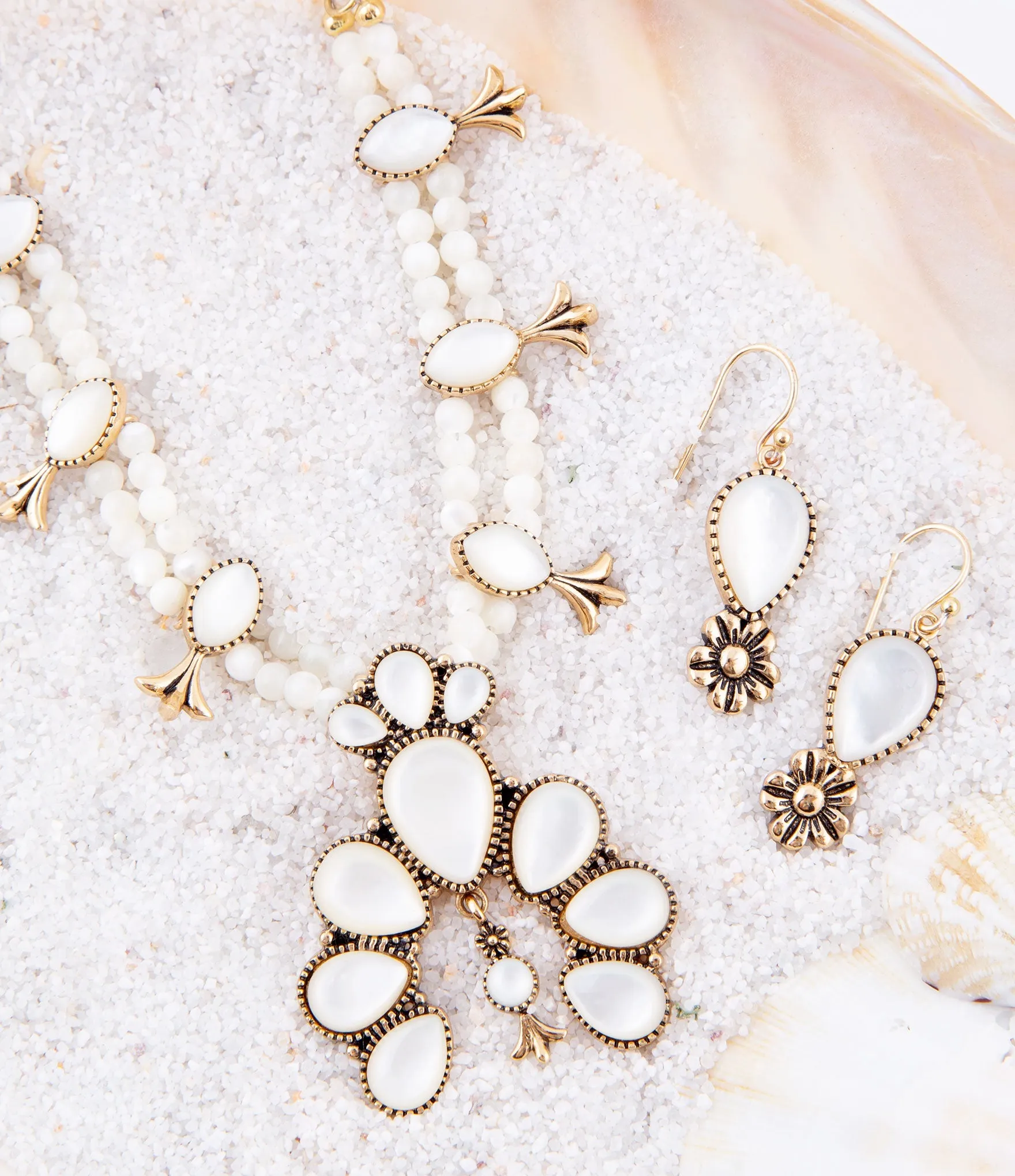 Golden Flower and White Mother of Pearl Drop Earrings sold by Barse product image thumbnail 4