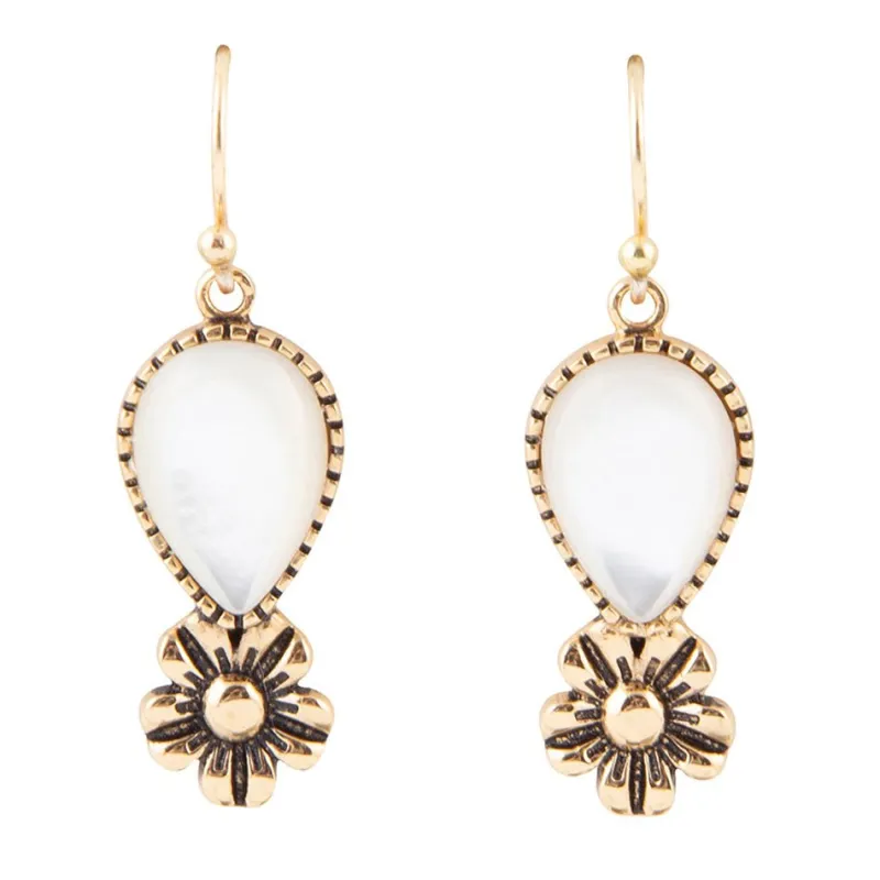 Golden Flower and White Mother of Pearl Drop Earrings sold by Barse
