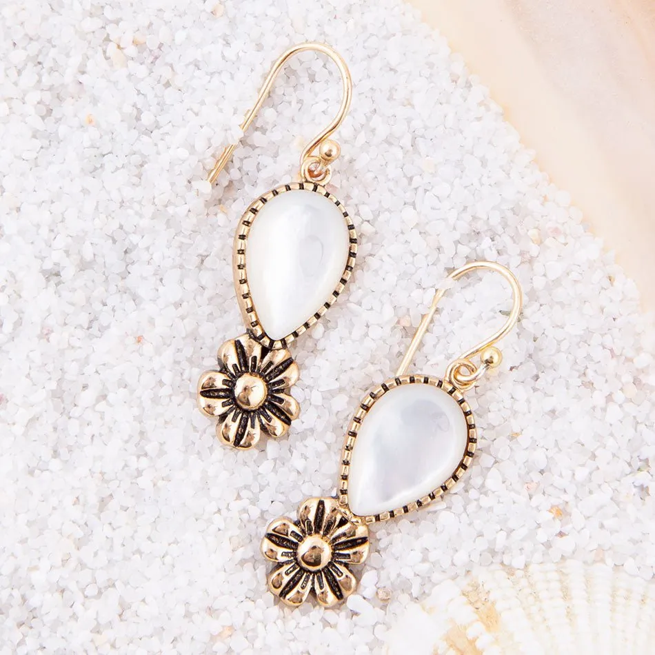 Golden Flower and White Mother of Pearl Drop Earrings sold by Barse product image thumbnail 3