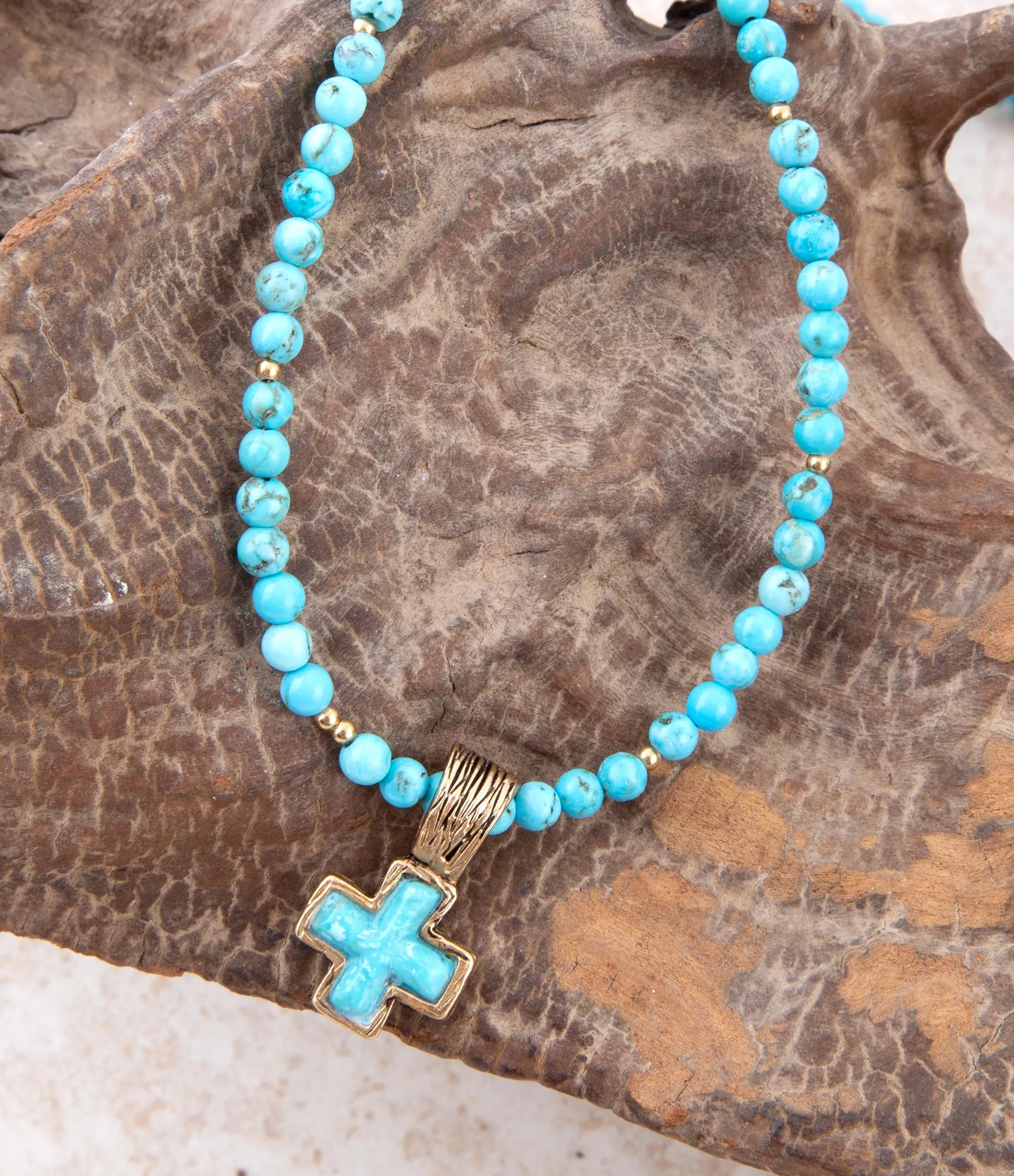 Blue Turquoise Cross Golden Pendant Necklace sold by Barse product image thumbnail 3