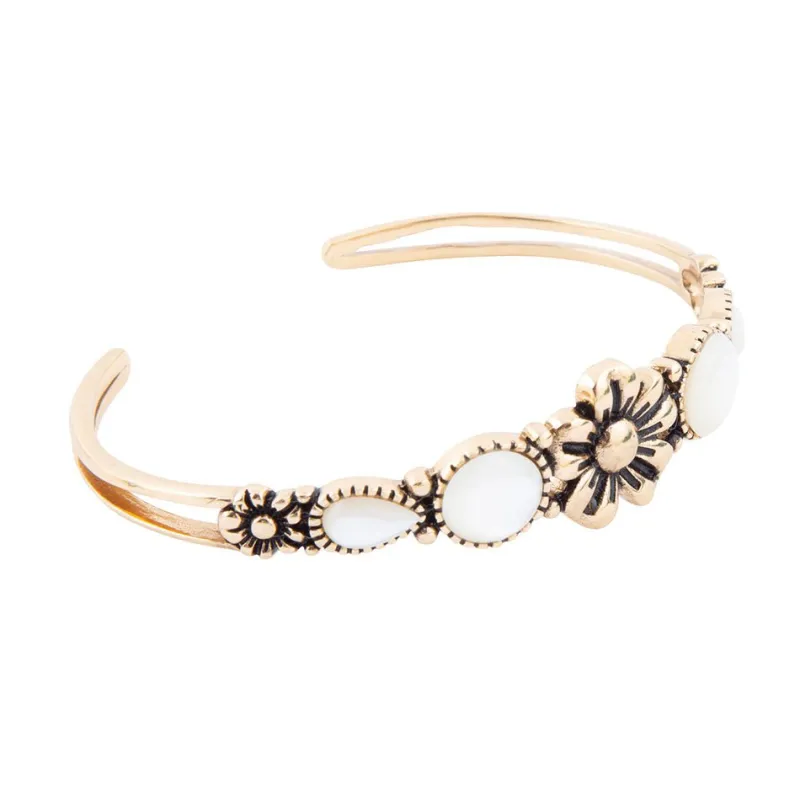 Floral White Mother of Pearl Golden Cuff Bracelet sold by Barse