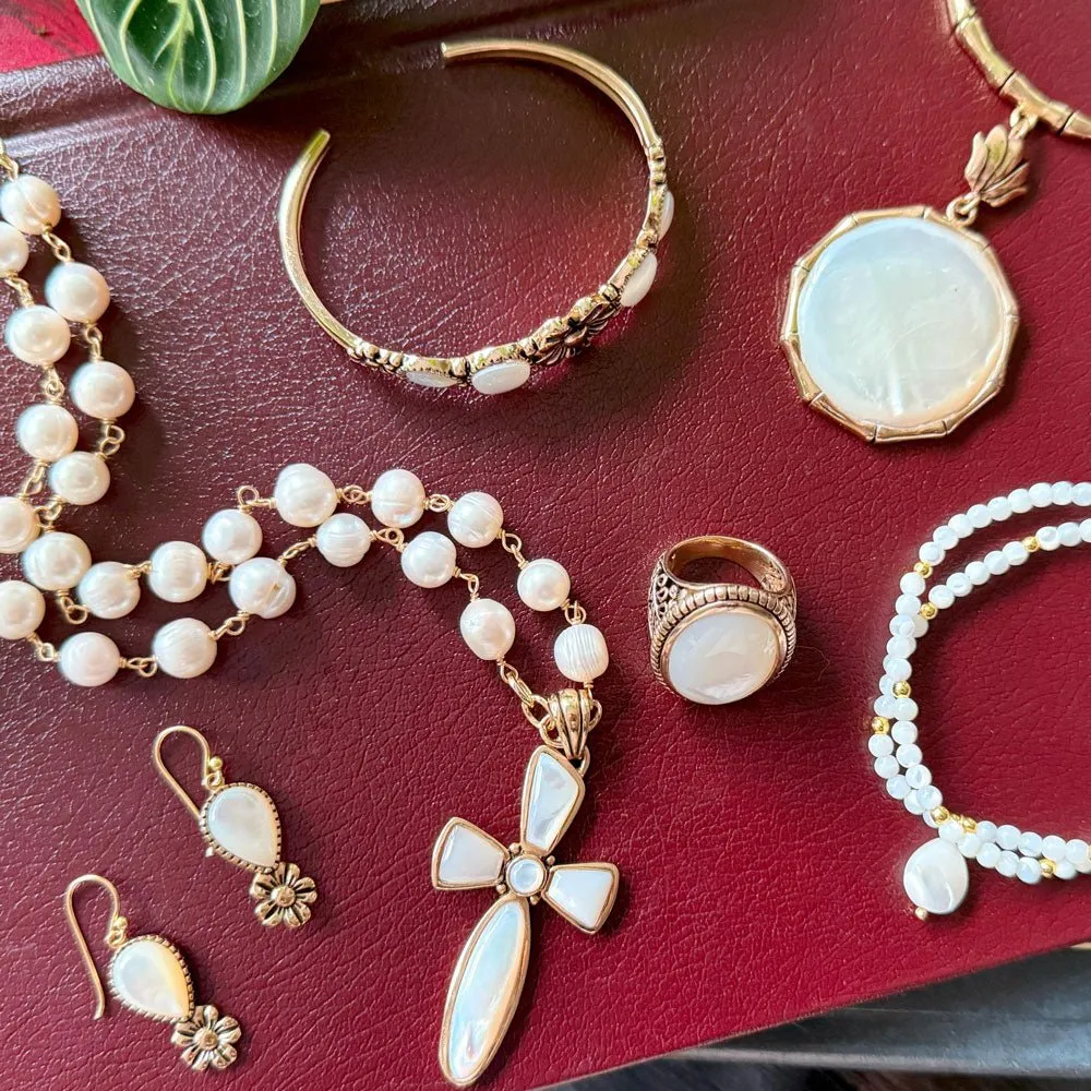 Floral White Mother of Pearl Golden Cuff Bracelet sold by Barse product image thumbnail 4