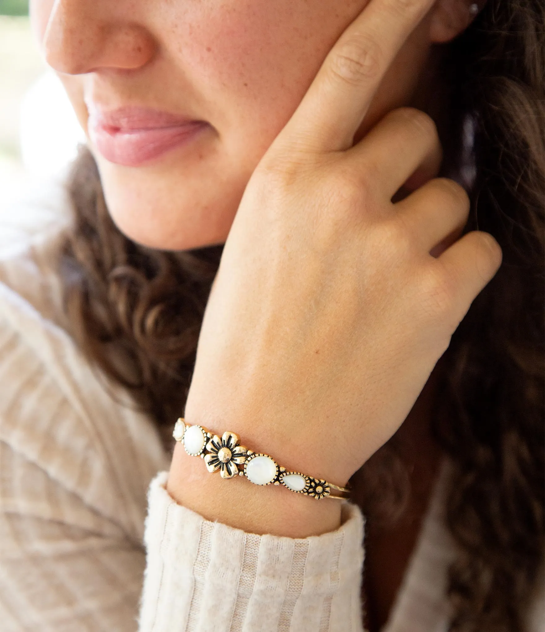 Floral White Mother of Pearl Golden Cuff Bracelet sold by Barse product image thumbnail 2