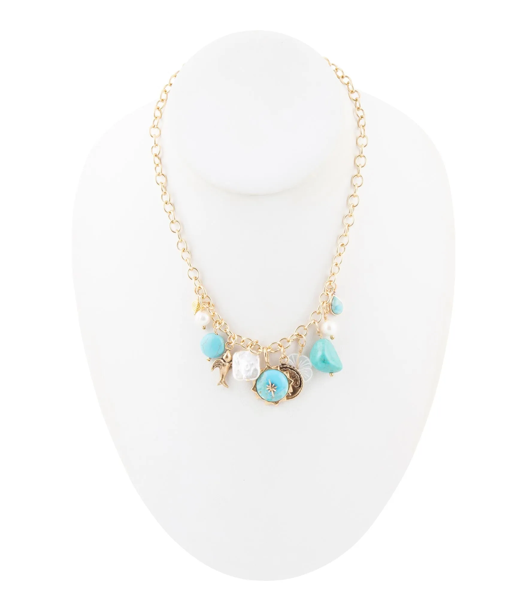Blue Turquoise and White Pearl Multi Charm Golden Necklace sold by Barse product image thumbnail 4