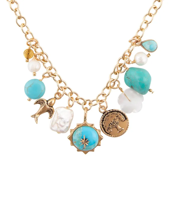 Blue Turquoise and White Pearl Multi Charm Golden Necklace sold by Barse