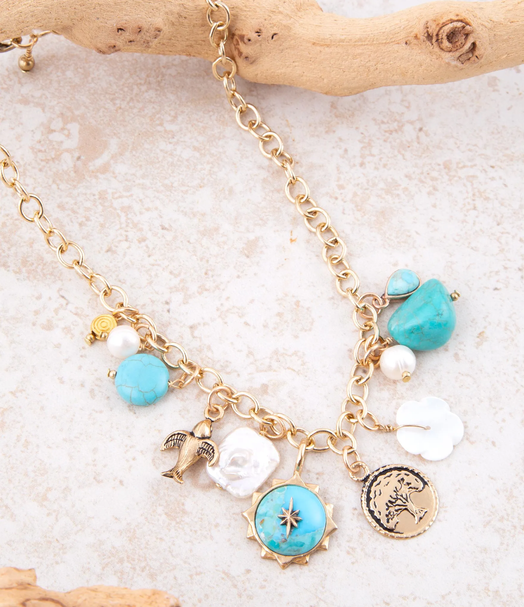 Blue Turquoise and White Pearl Multi Charm Golden Necklace sold by Barse product image thumbnail 3