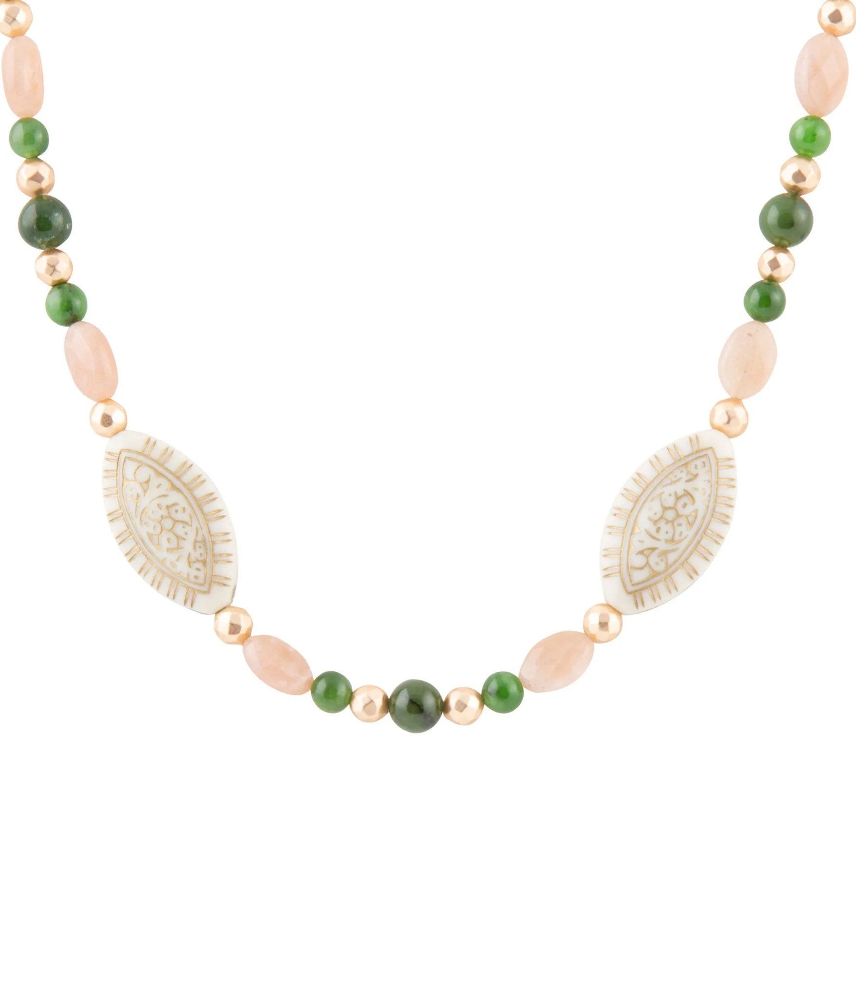 Green Jade and Pink Sunstone Golden Necklace sold by Barse