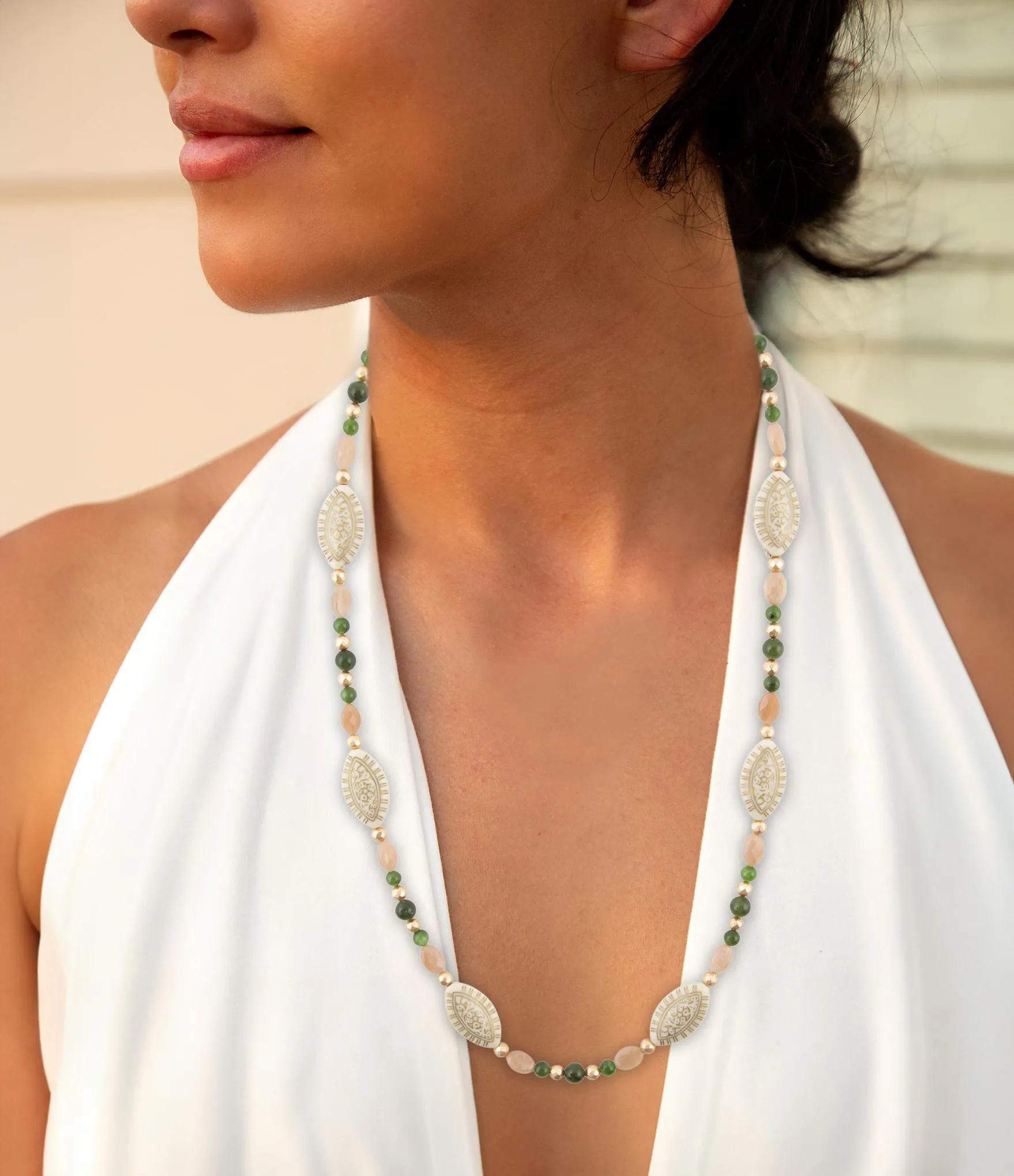 Green Jade and Pink Sunstone Golden Necklace sold by Barse product image thumbnail 2