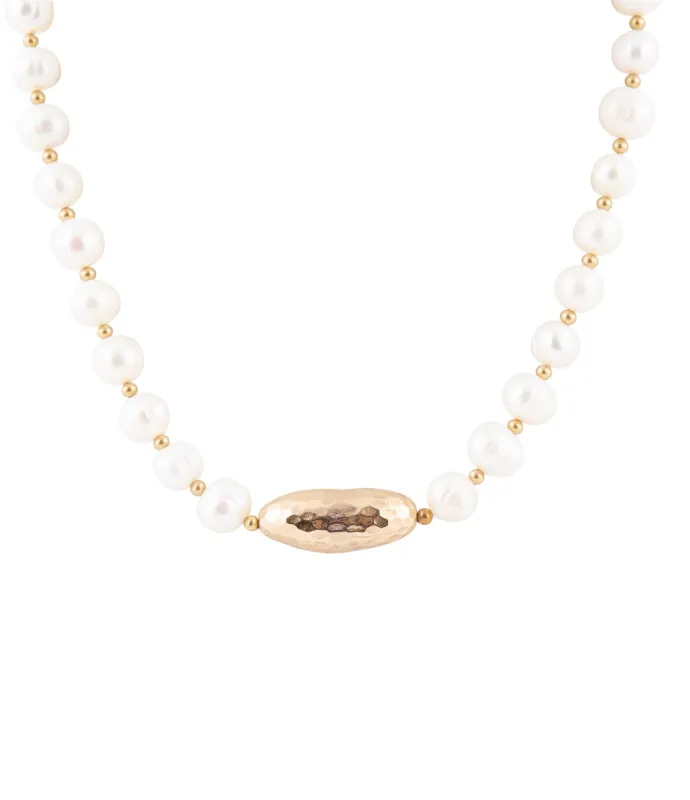 White Pearl Golden Beaded Strand Necklace sold by Barse