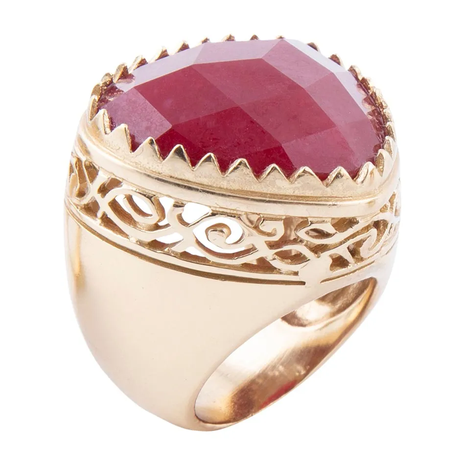 Filigreed Merlot Red Quarrtz Golden Statement Ring sold by Barse