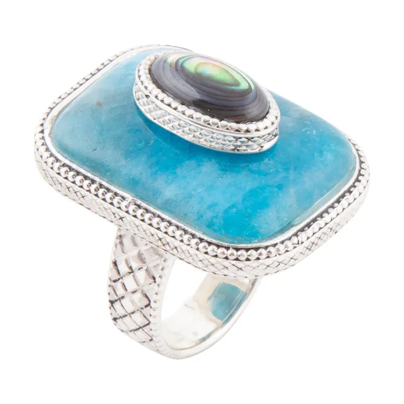 Blue Apatite and Abalone Stacked Sterling Silver Ring sold by Barse