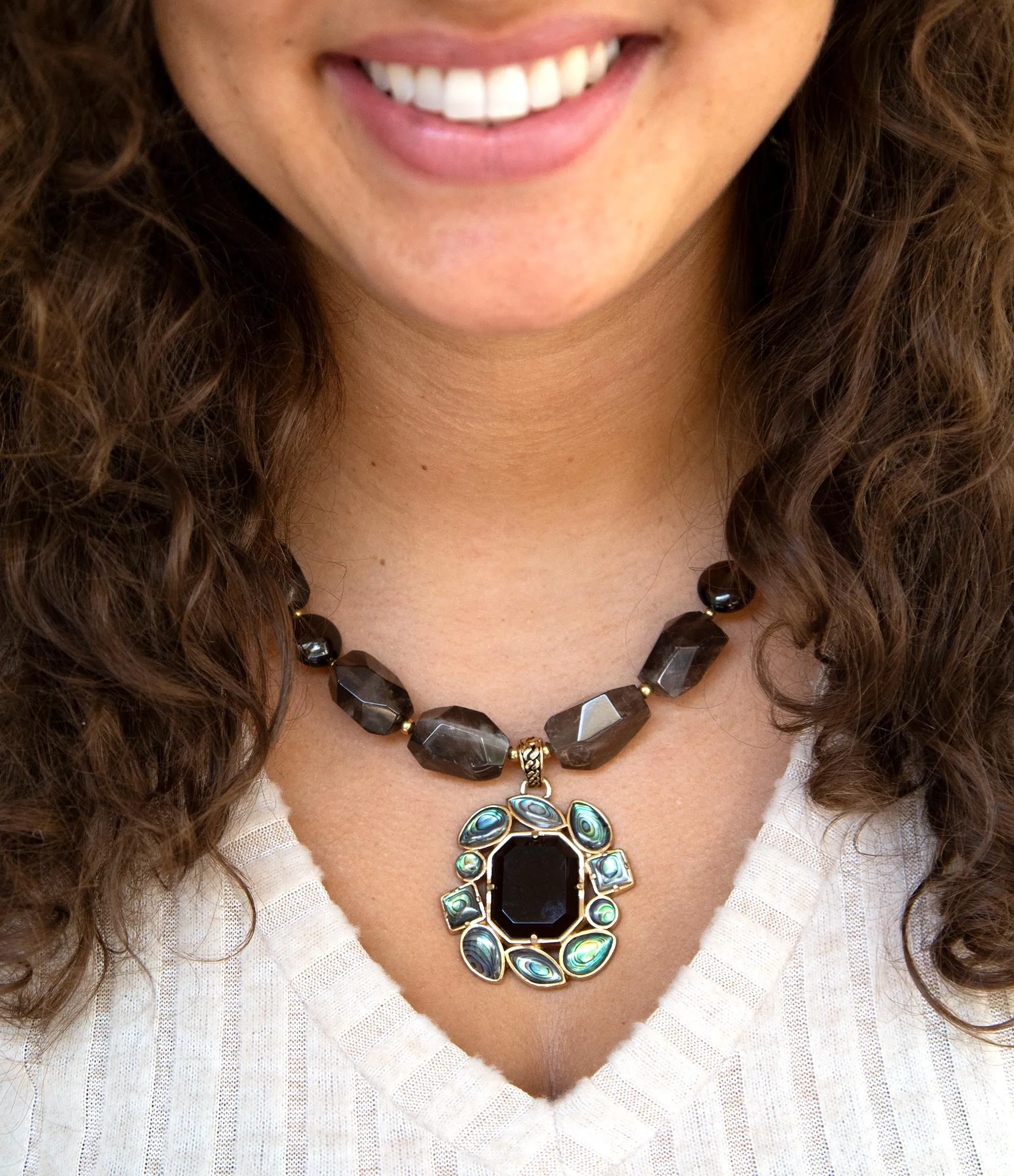 Tribecca Blue Abalone and Black Smoky Quartz Golden Statement Necklace sold by Barse product image thumbnail 2