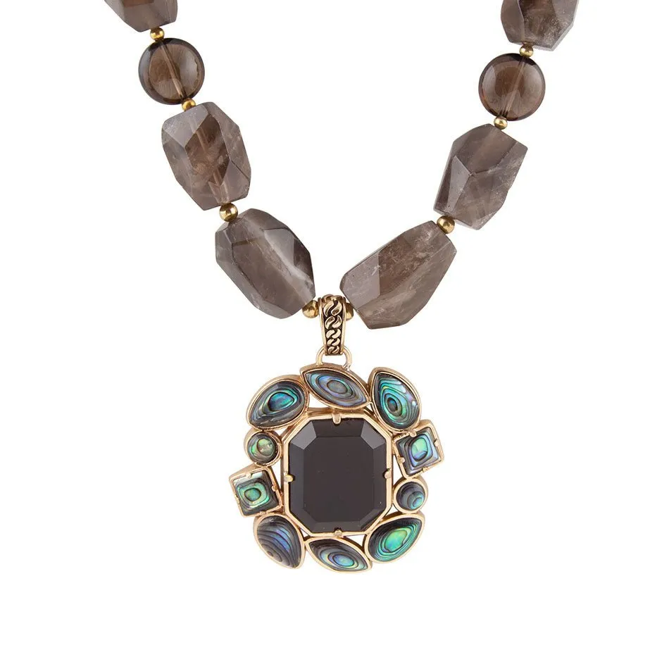 Tribecca Blue Abalone and Black Smoky Quartz Golden Statement Necklace sold by Barse