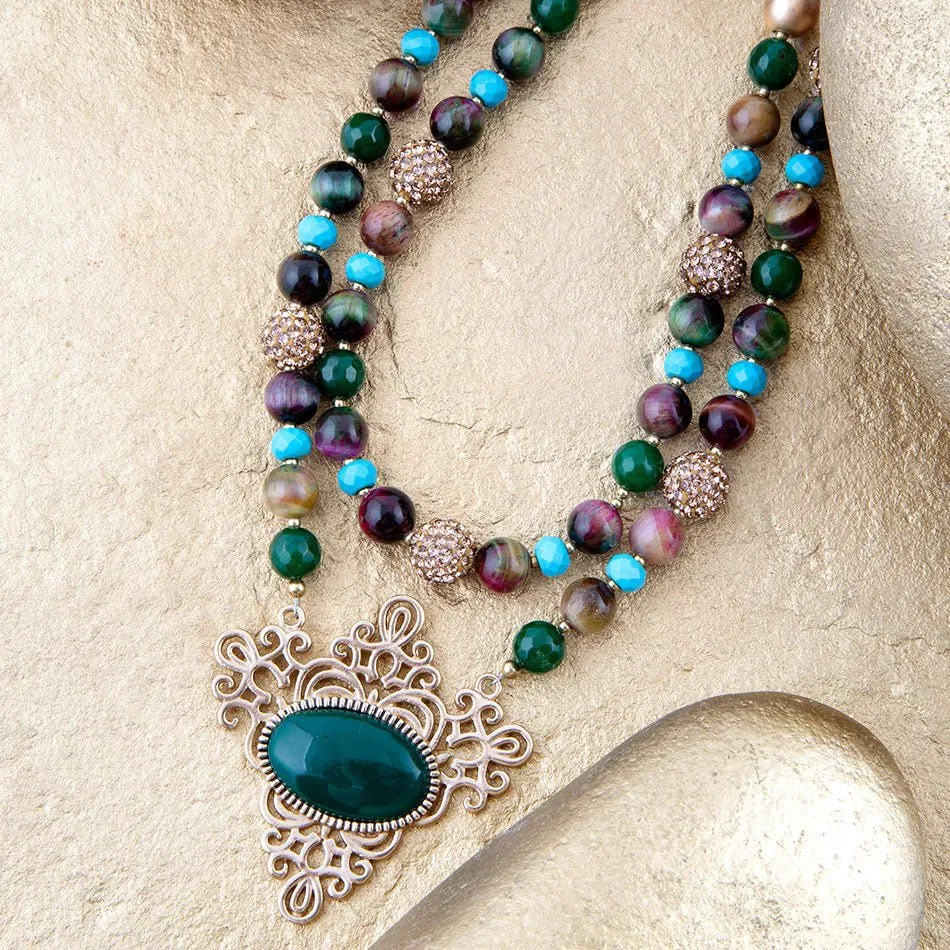 Jeweled Tyger's Eye and Green Onyx Golden Pendant Necklaces sold by Barse product image thumbnail 3