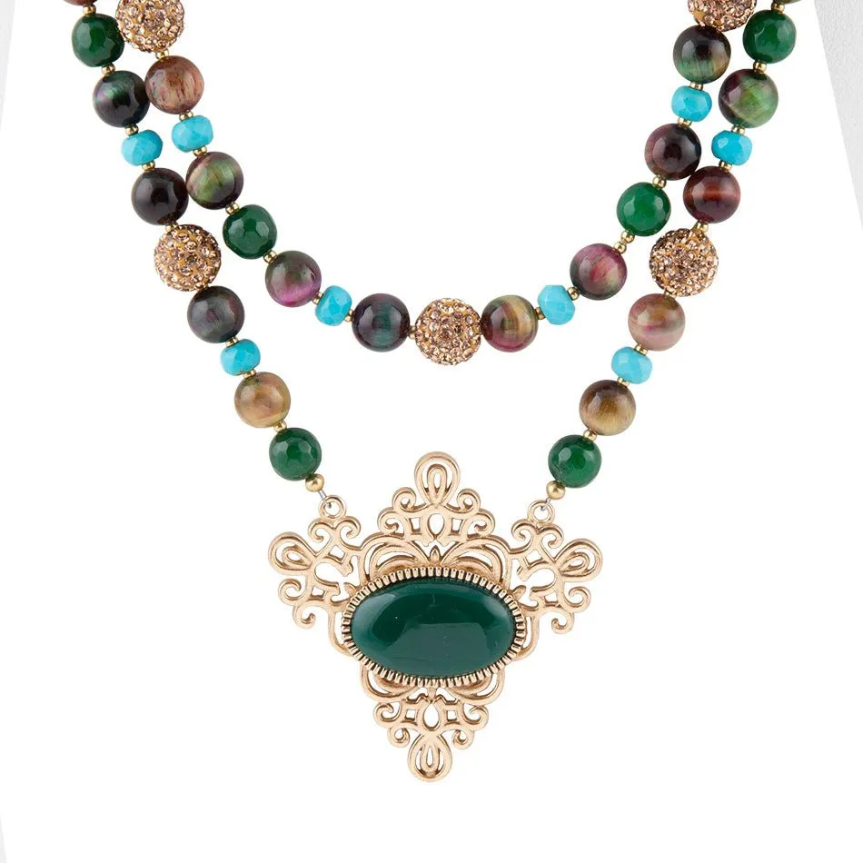 Jeweled Tyger's Eye and Green Onyx Golden Pendant Necklaces sold by Barse