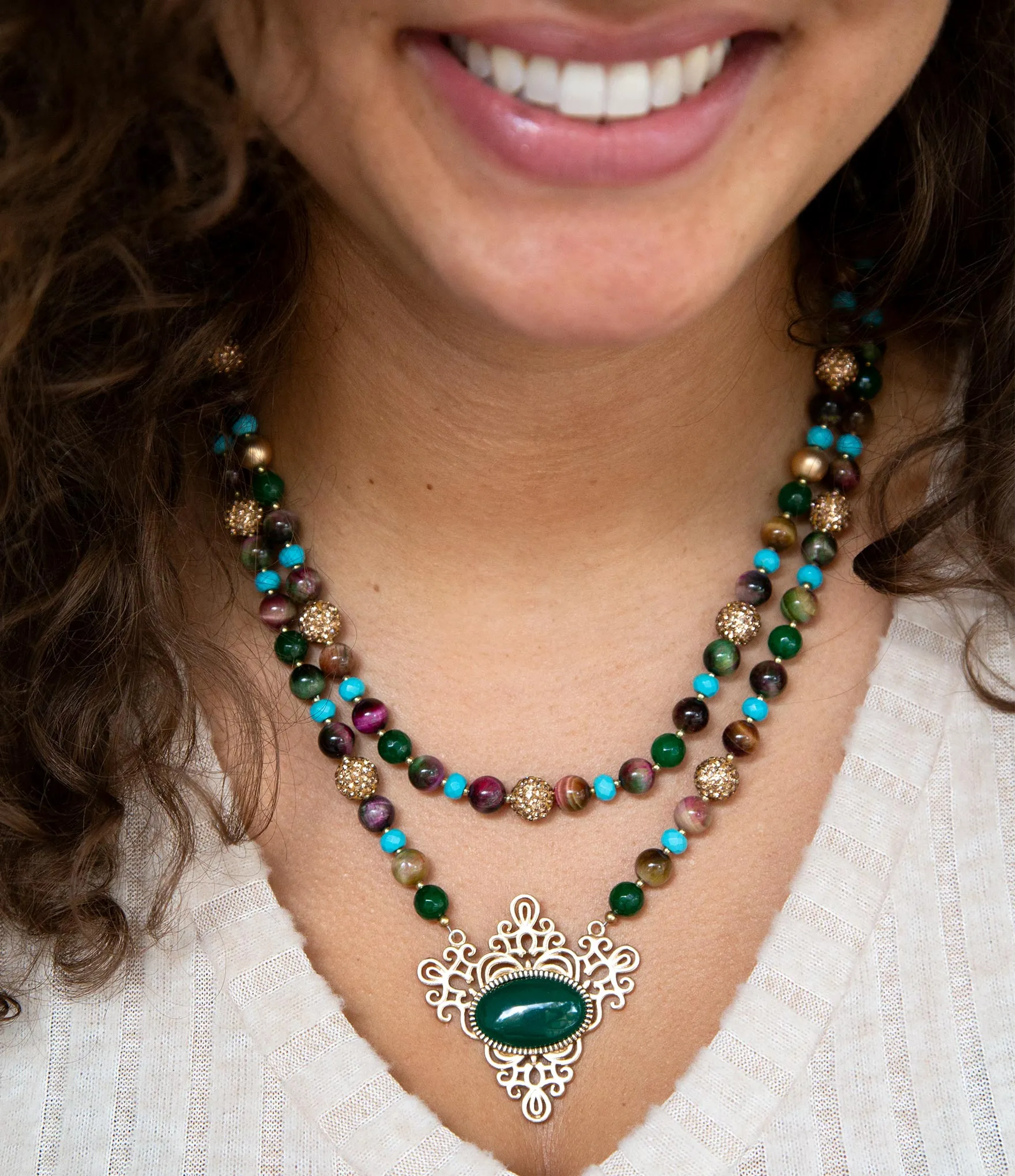 Jeweled Tyger's Eye and Green Onyx Golden Pendant Necklaces sold by Barse product image thumbnail 2