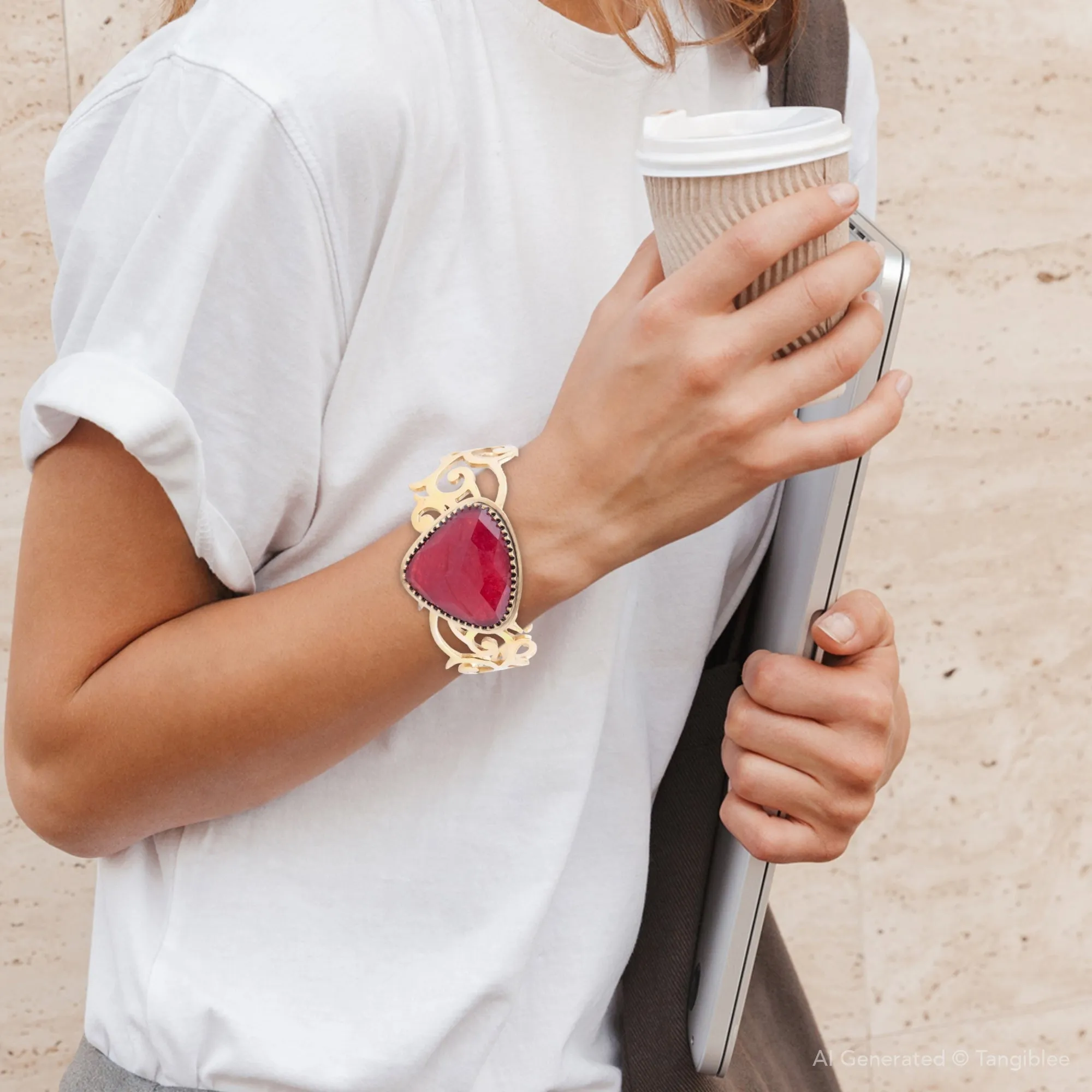 Red Bordeaux Quartz Golden Statement Cuff Bracelet sold by Barse product image thumbnail 3