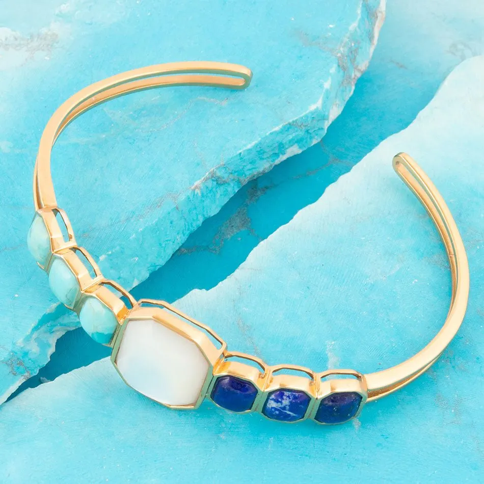 Dual Color Blue Lapis Turquoise and White Mother of Pearl Golden Cuff Bracelet sold by Barse product image thumbnail 3
