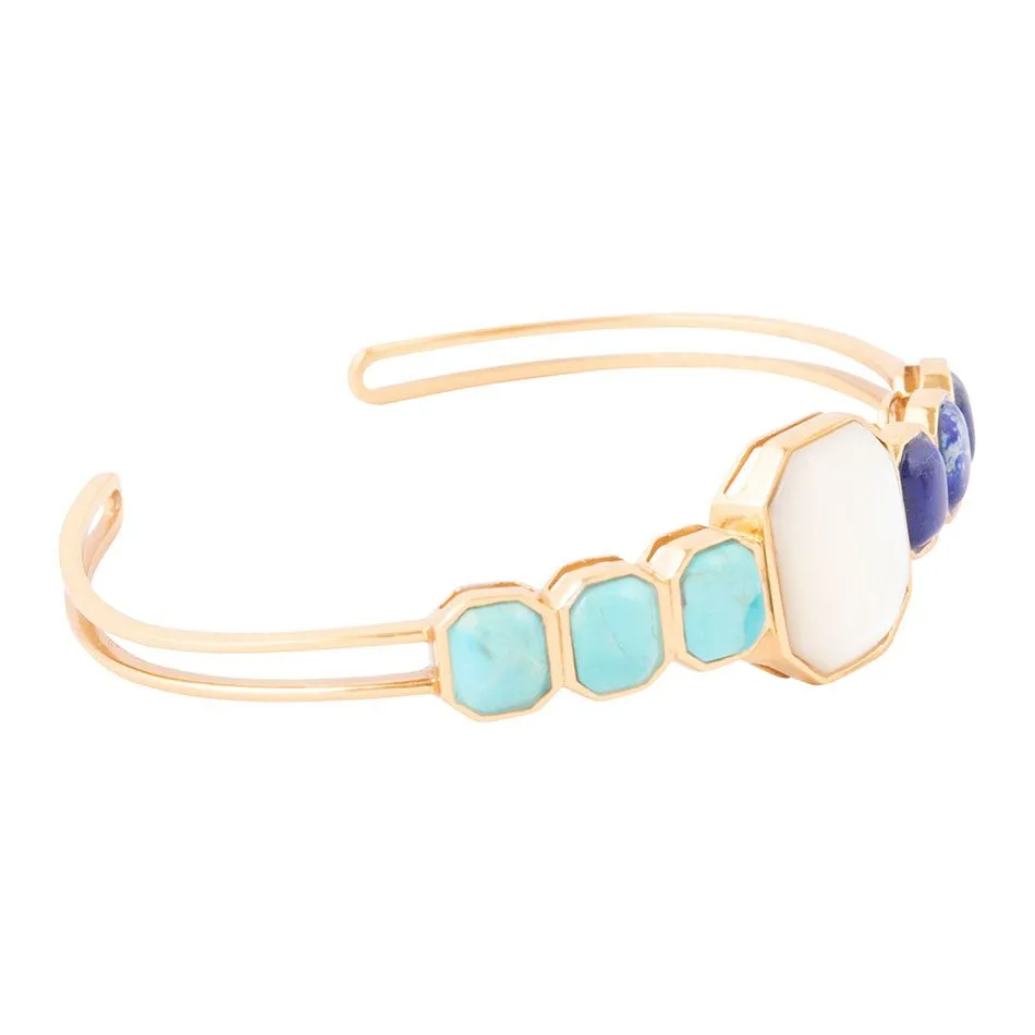Dual Color Blue Lapis Turquoise and White Mother of Pearl Golden Cuff Bracelet sold by Barse