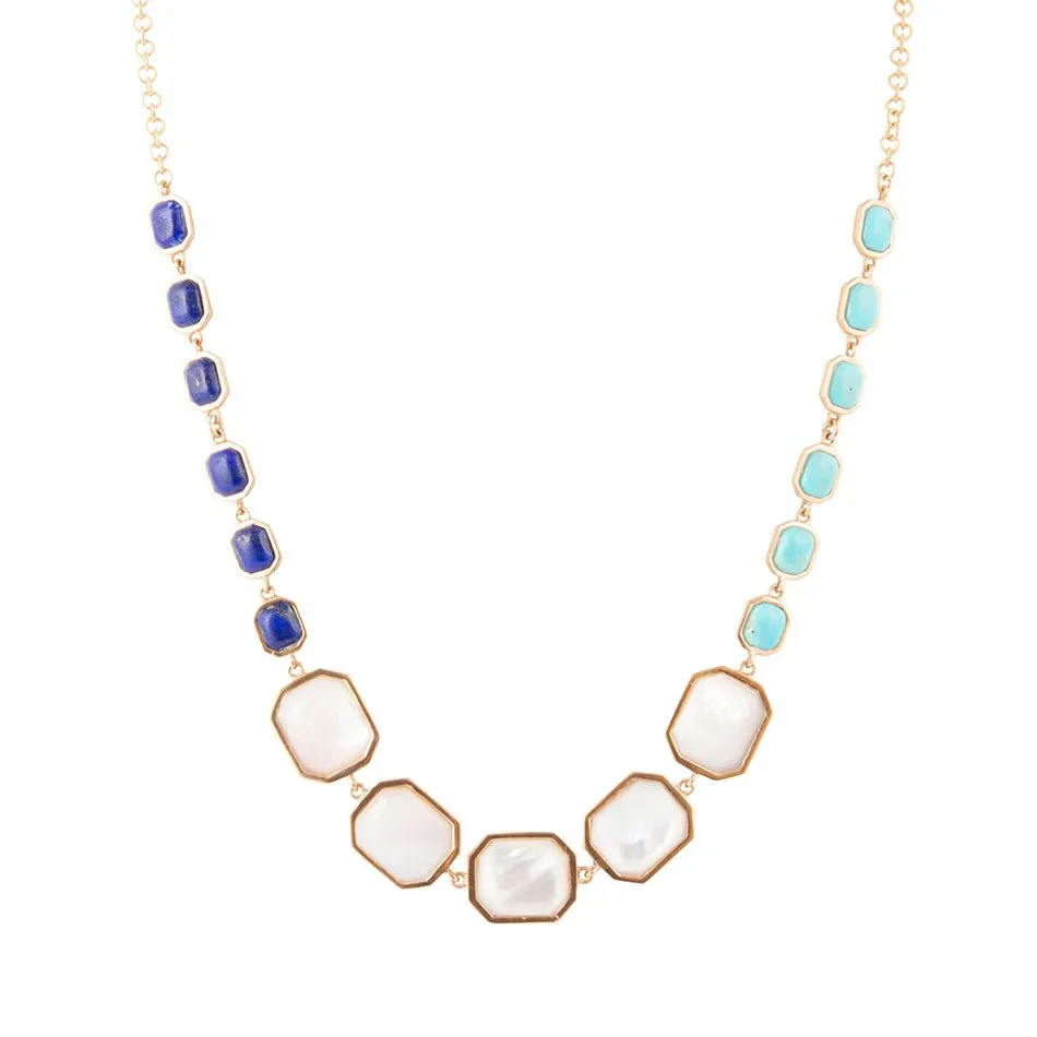 Dual Color Blue Lapis Turquoise and White Mother of Pearl Golden Necklace sold by Barse