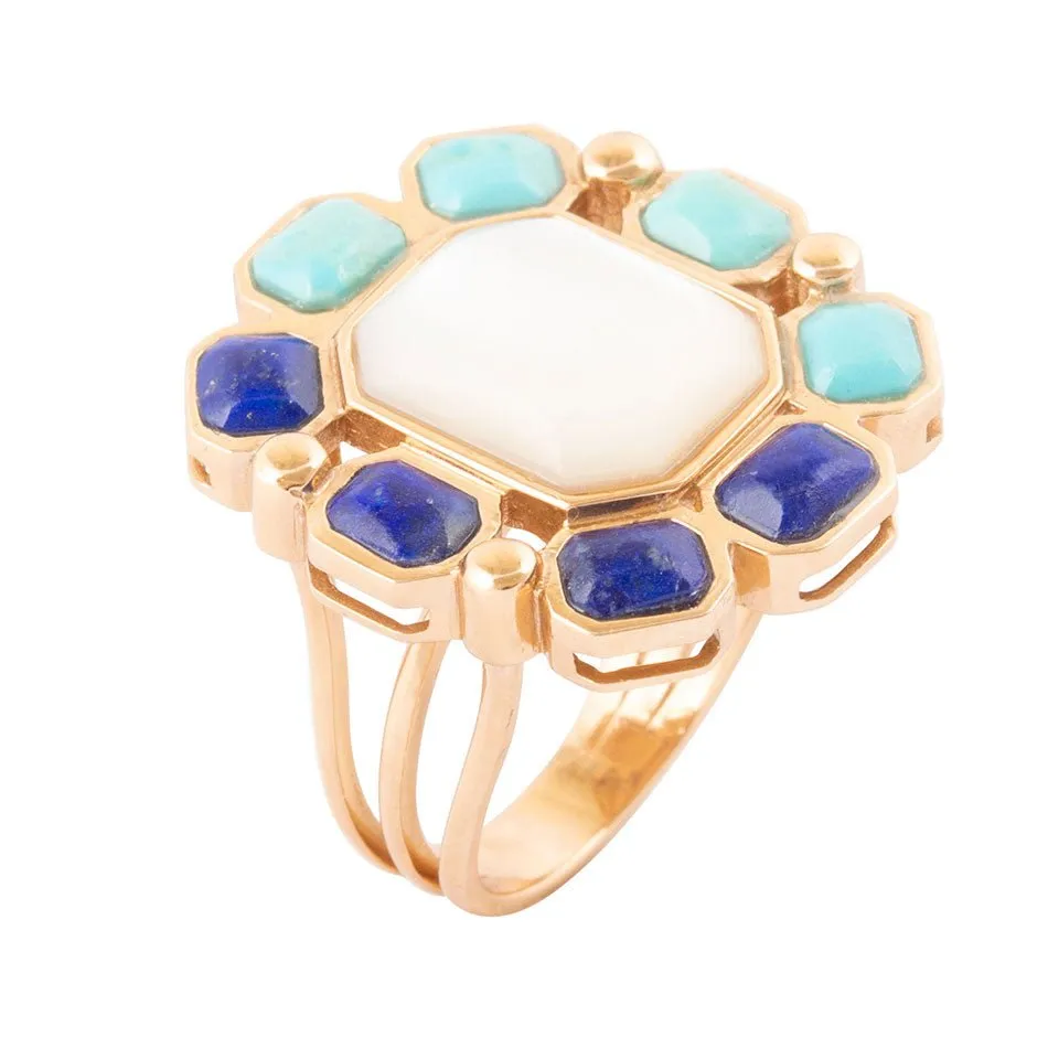 Dual Color Blue Lapis Turquoise and White Mother of Pearl Golden Ring sold by Barse