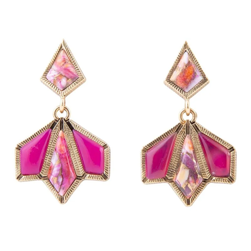 Pink Agate and Shell Matrix Golden Statement Earrings sold by Barse