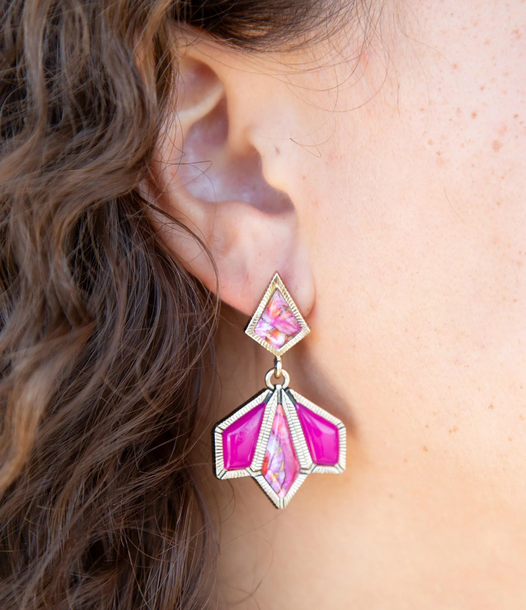 Pink Agate and Shell Matrix Golden Statement Earrings sold by Barse product image thumbnail 2