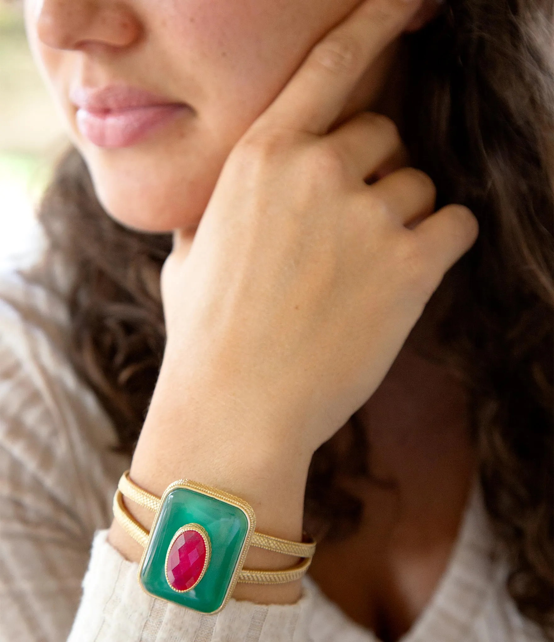 Green Onyx Stacked Red Quartz Golden Cuff Bracelet sold by Barse product image thumbnail 2
