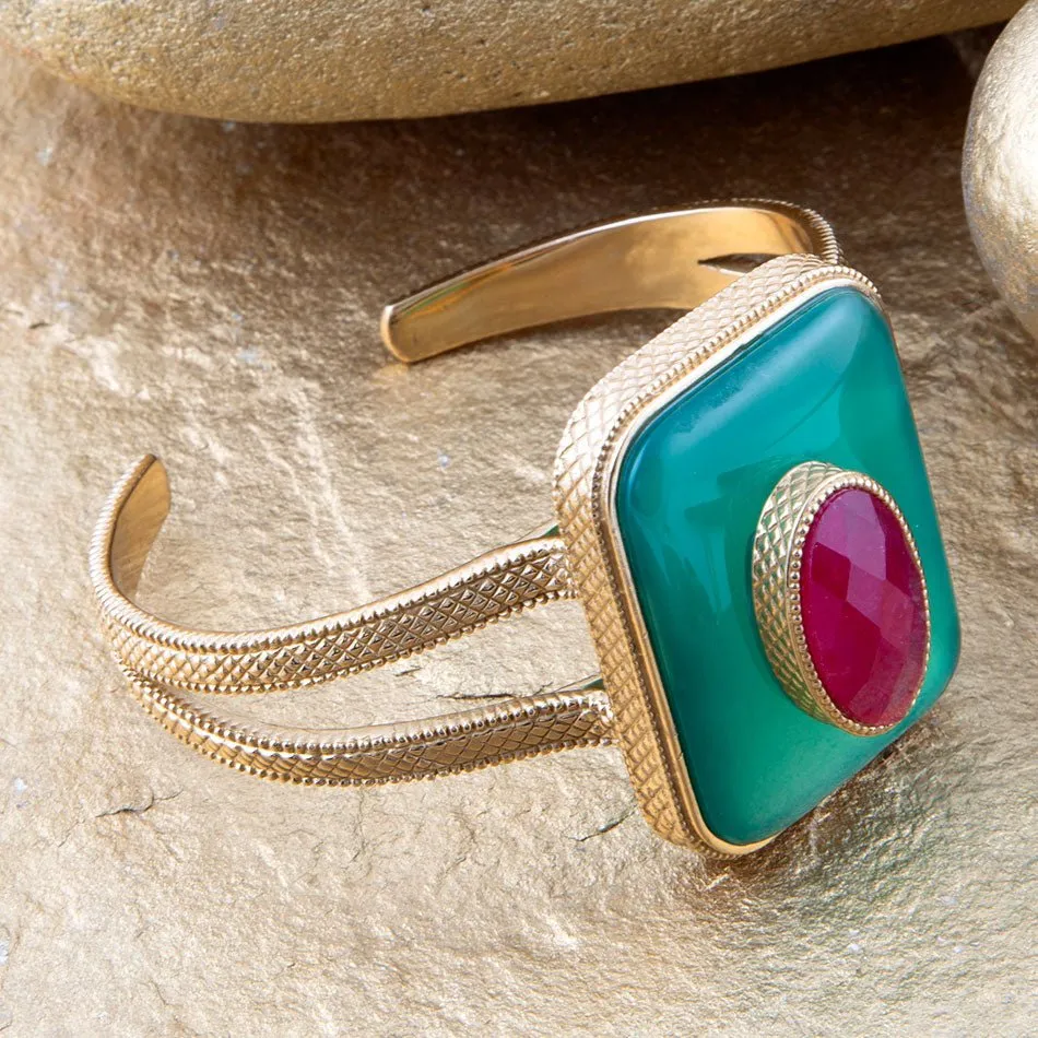 Green Onyx Stacked Red Quartz Golden Cuff Bracelet sold by Barse product image thumbnail 3