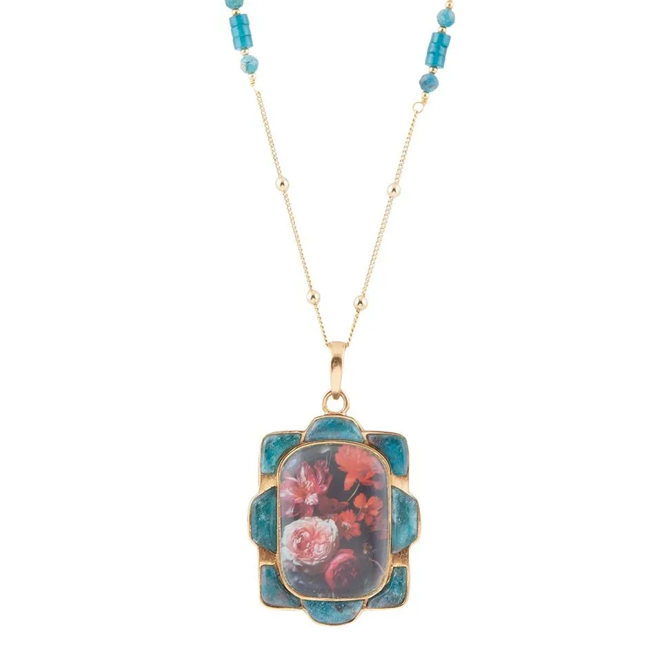 Scenic Red Florals Blue Apatite Golden Pendant Necklace sold by Barse