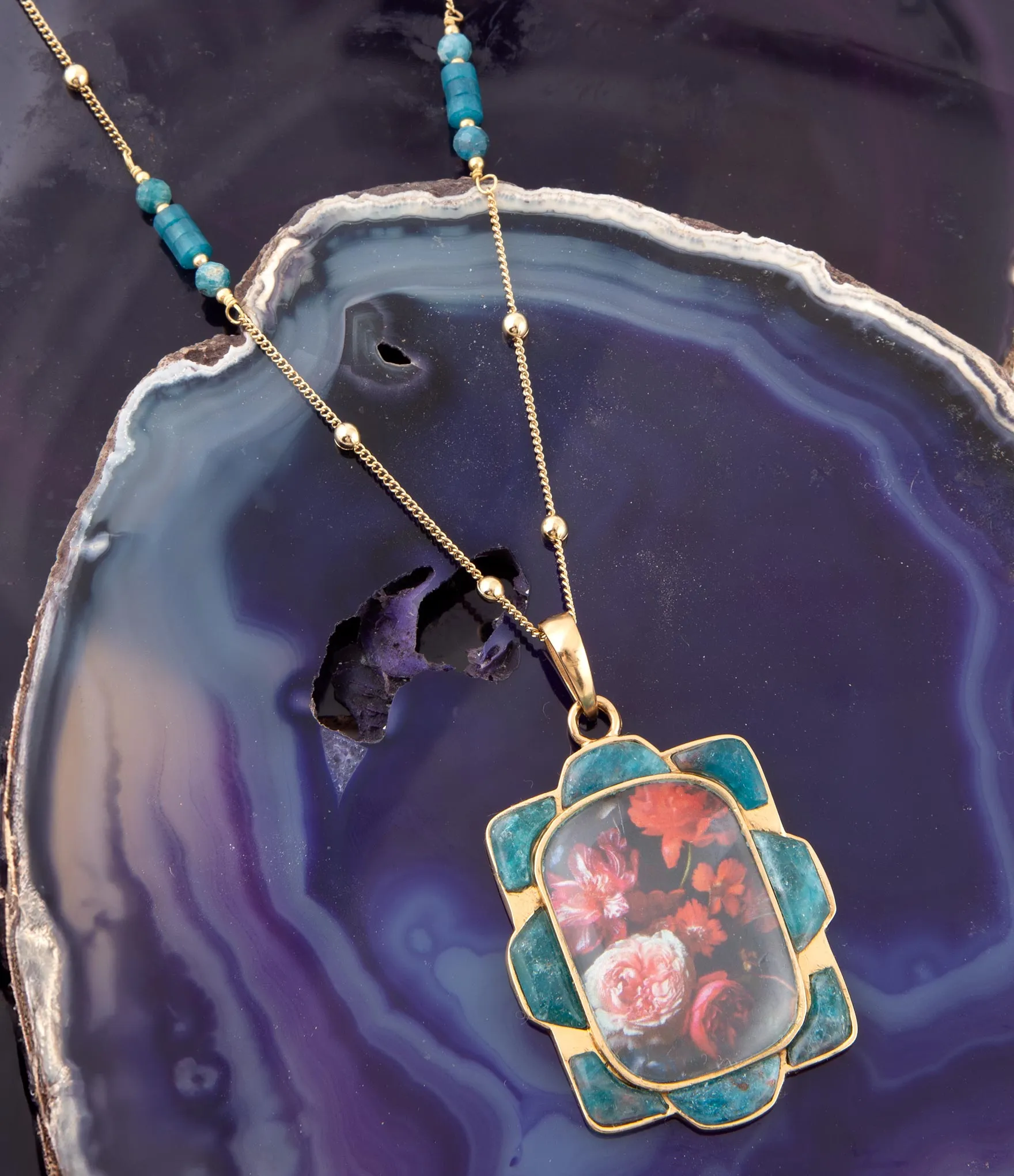 Scenic Red Florals Blue Apatite Golden Pendant Necklace sold by Barse product image thumbnail 2