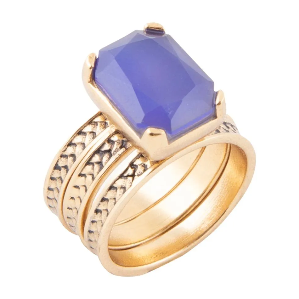 Blue Agate Stackable Golden Three Set Ring sold by Barse