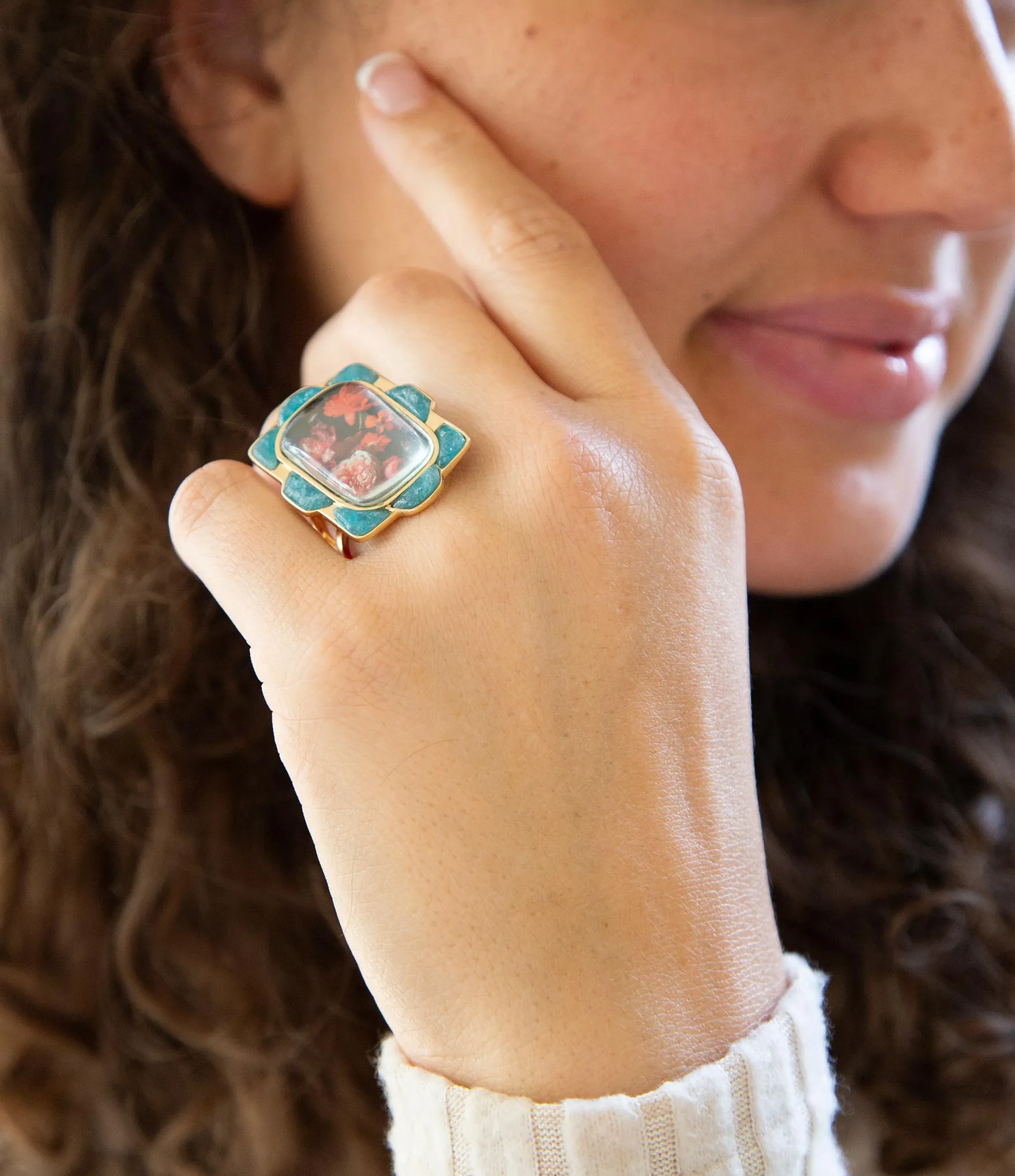 Scenic Red Florals Blue Apatite Golden Statement Ring sold by Barse product image thumbnail 2
