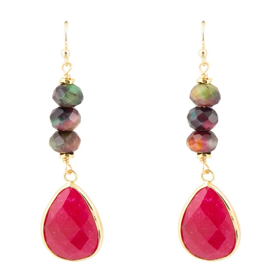 Jeweled Multicolor Tiger's Eye and Pink Agate Golden Drop Earrings sold by Barse