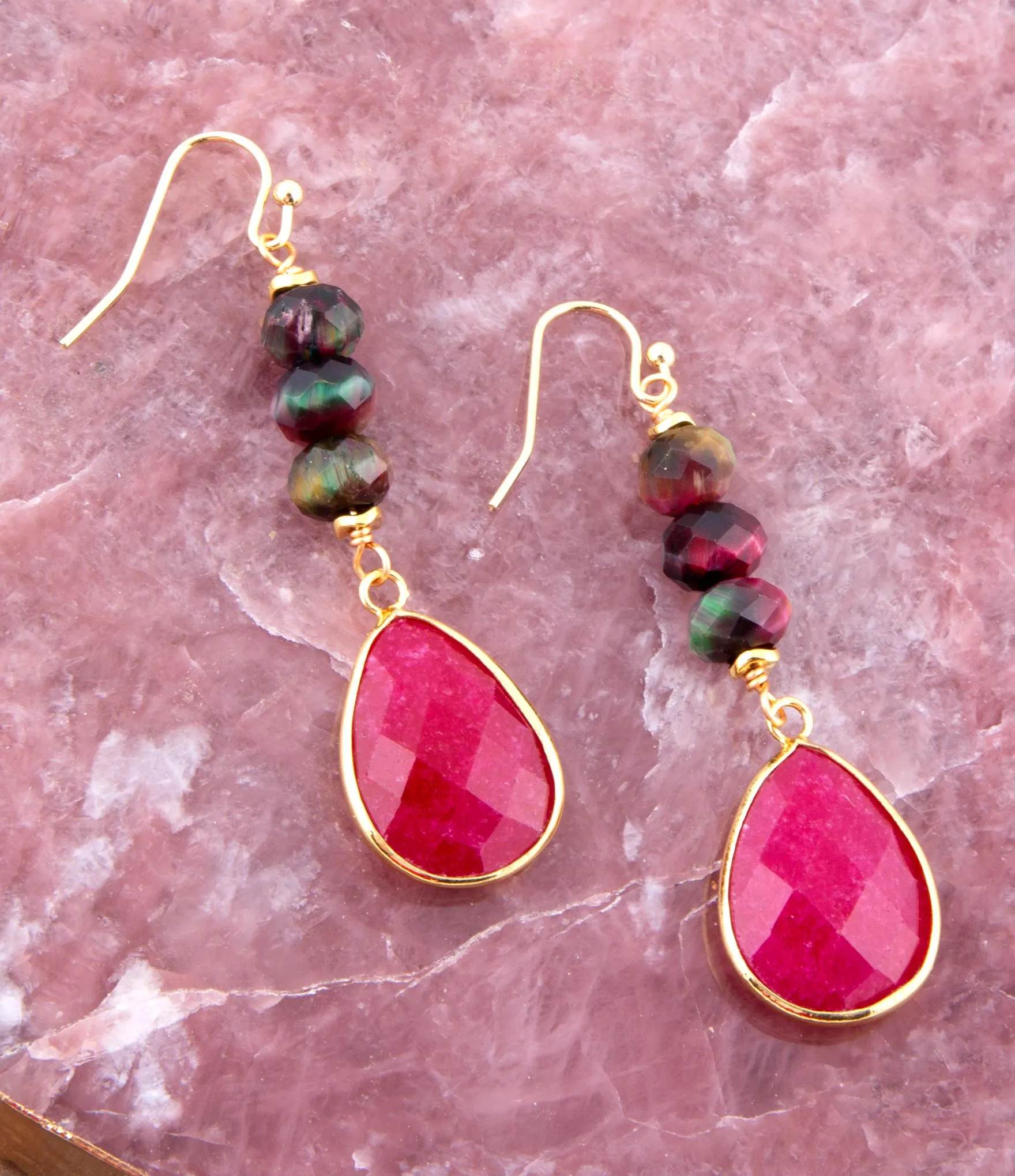Jeweled Multicolor Tiger's Eye and Pink Agate Golden Drop Earrings sold by Barse product image thumbnail 2