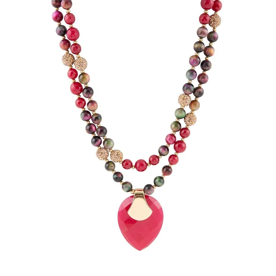 Jeweled Multi-Color Tiger's Eye and Rasberry Quartz Pendant Golden Necklace sold by Barse
