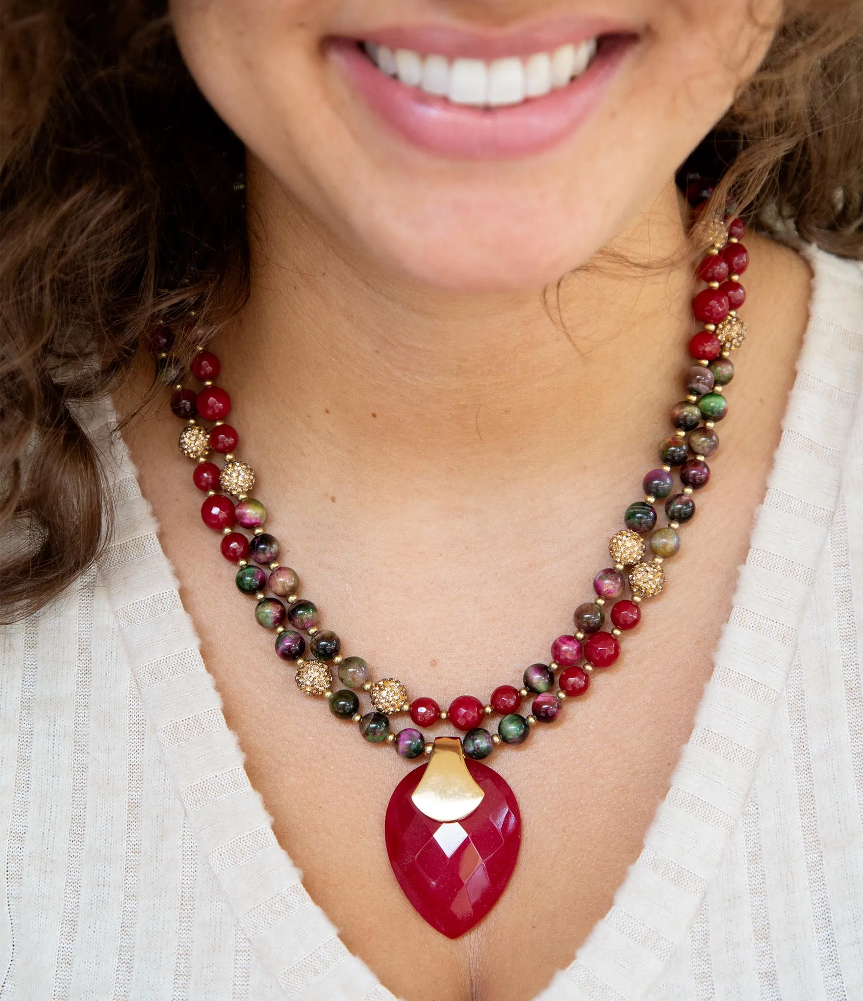Jeweled Multi-Color Tiger's Eye and Rasberry Quartz Pendant Golden Necklace sold by Barse product image thumbnail 2