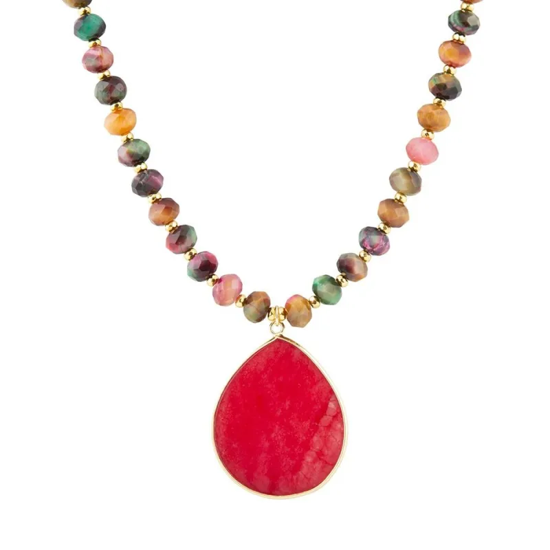 Jeweled Multicolor Tiger's Eye and Pink Jade Pendant Golden Necklace sold by Barse