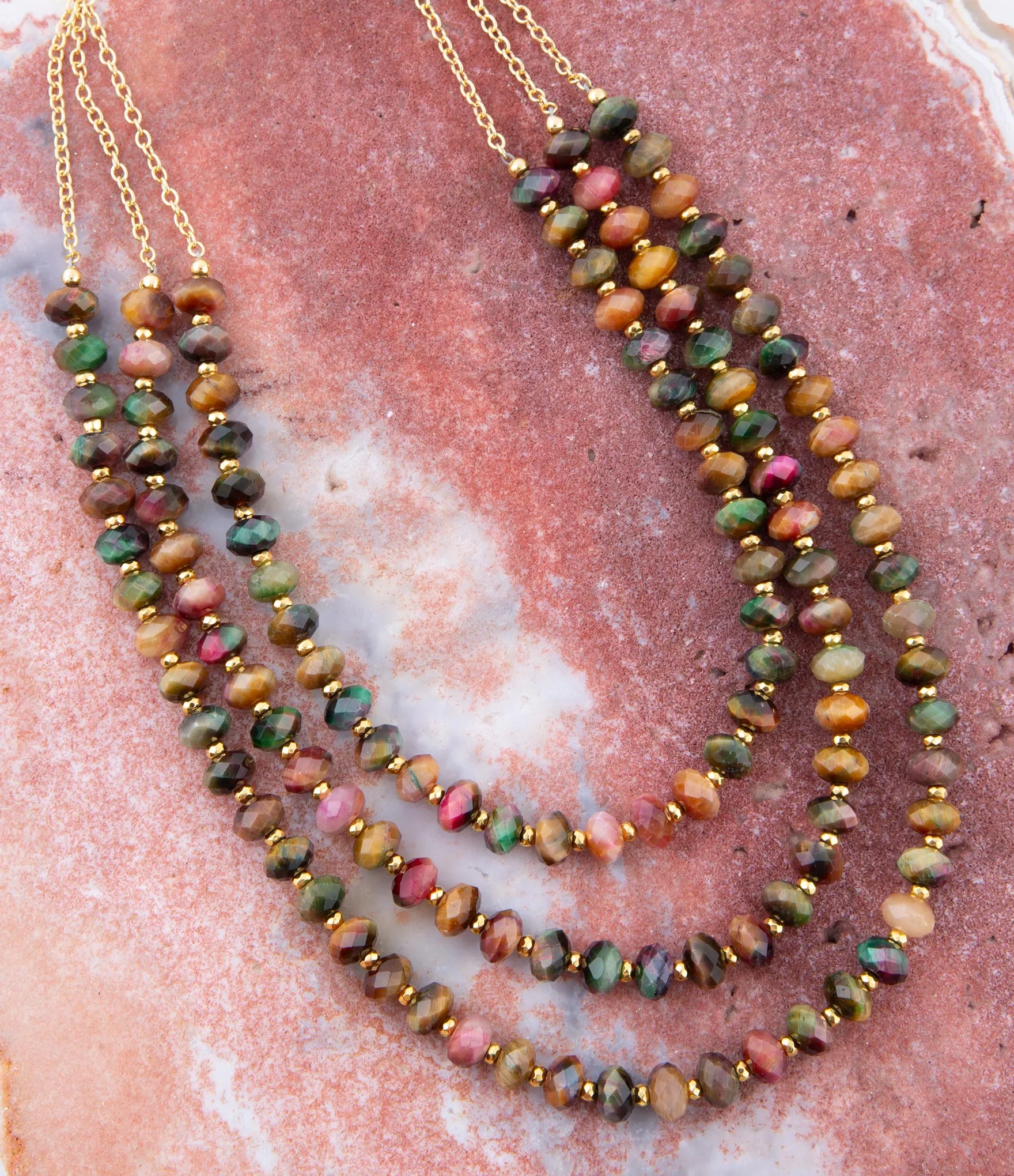 Jeweled Multi-Color Tiger's Eye Triple Strand Golden Necklace sold by Barse product image thumbnail 2