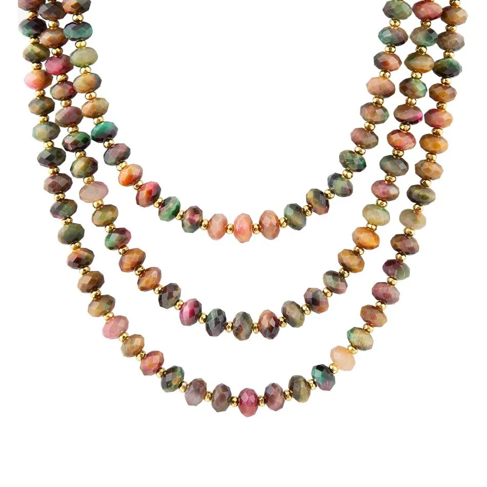 Jeweled Multi-Color Tiger's Eye Triple Strand Golden Necklace sold by Barse