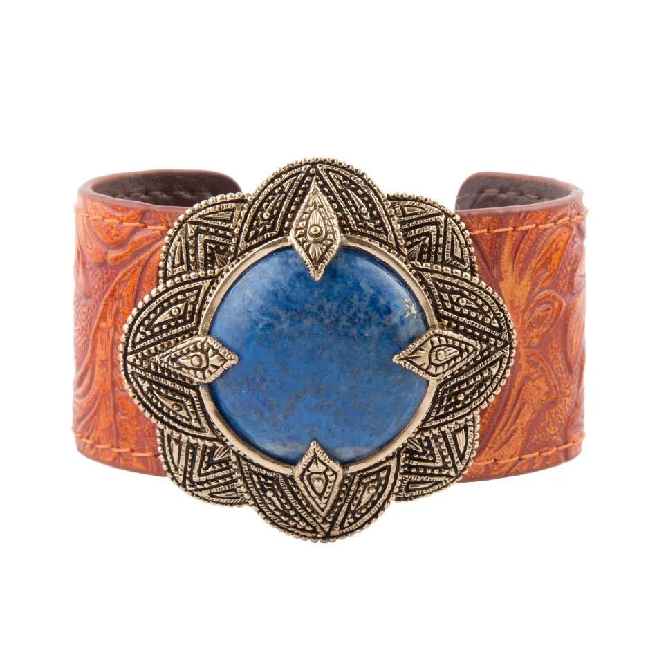 Ornate Blue Lapis Golden Leather Cuff Bracelet sold by Barse product image thumbnail 3